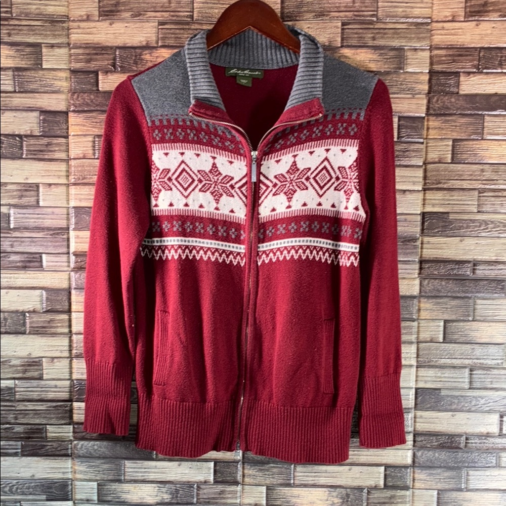 Women’s Pre Owned Large Eddie Bauer Red and Gray Cardigan with Nordic Pattern